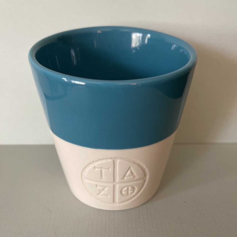 Starbucks TAZO Teal Blue Slant Top No Handle Tea Cup Coffee Mug Asymetrical 2012